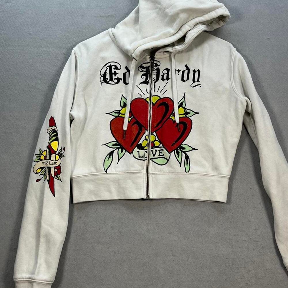 Ed hardy white zip up hoodie double side cropped